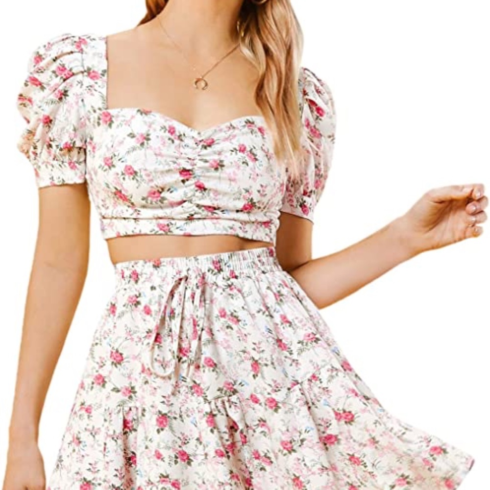 Skirt and Crop Top Puff Sleeve Floral Set